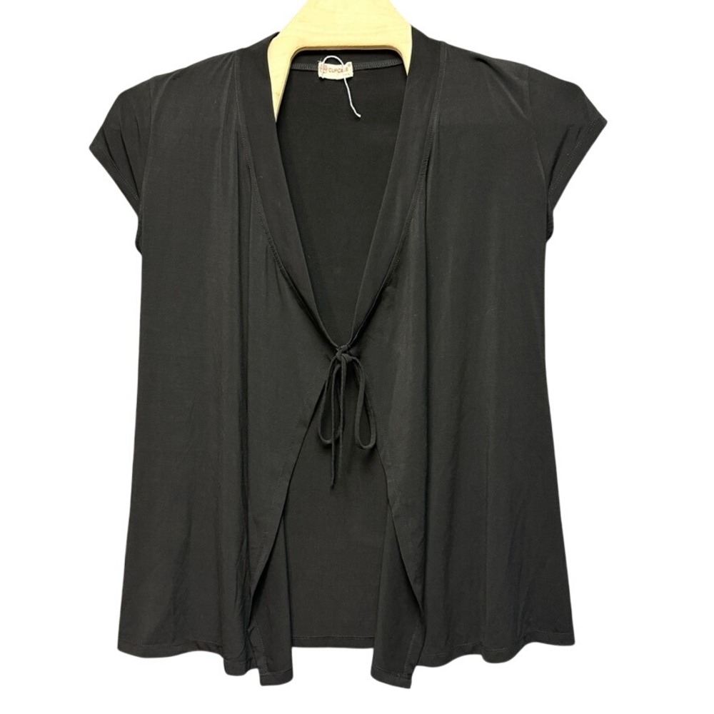Cupcake Black Tie Front Cardigan Top Short Sleeve Rayon Spandex Womens Large
